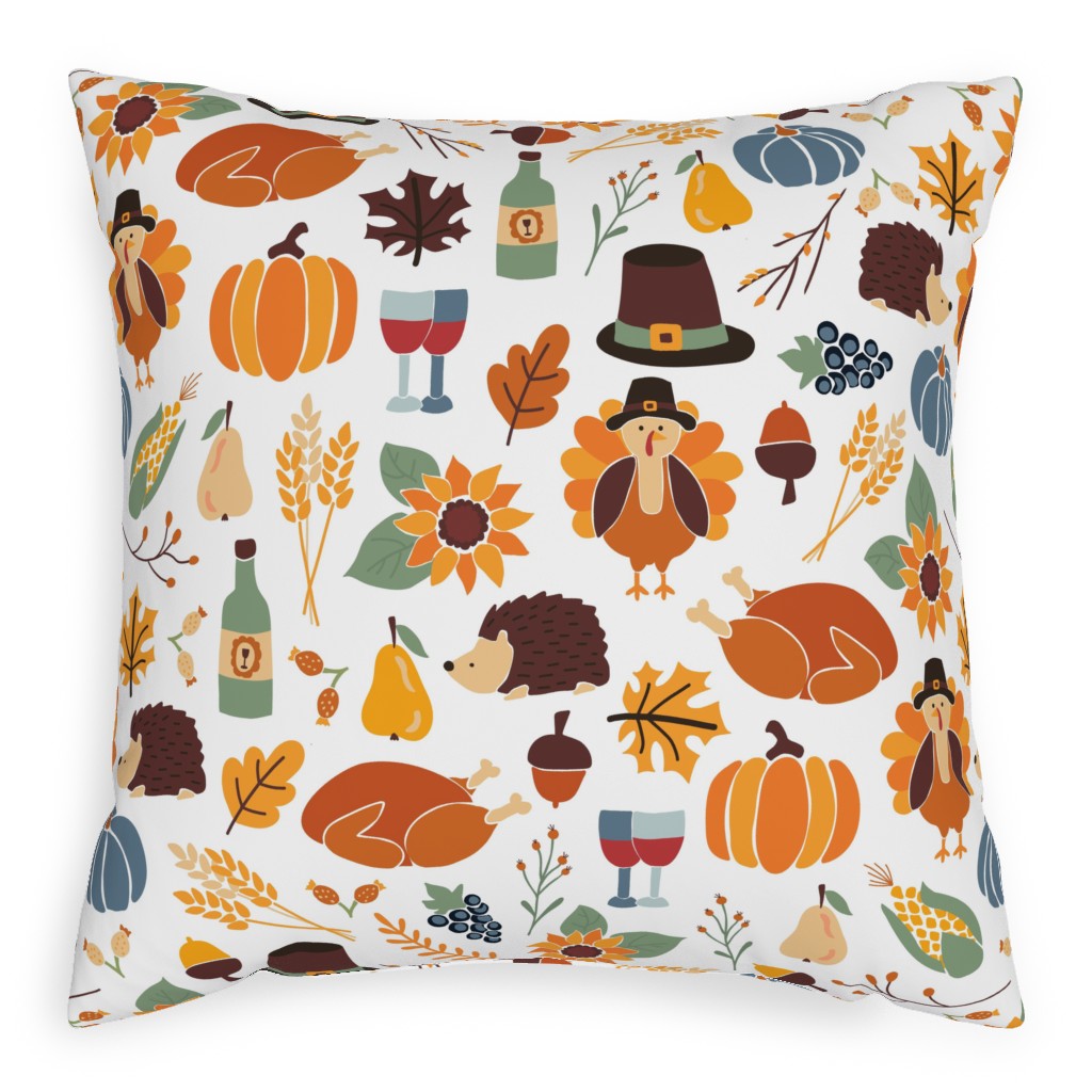 Thanksgiving - Multi on White Pillow, Woven, Beige, 20x20, Single Sided, Multicolor