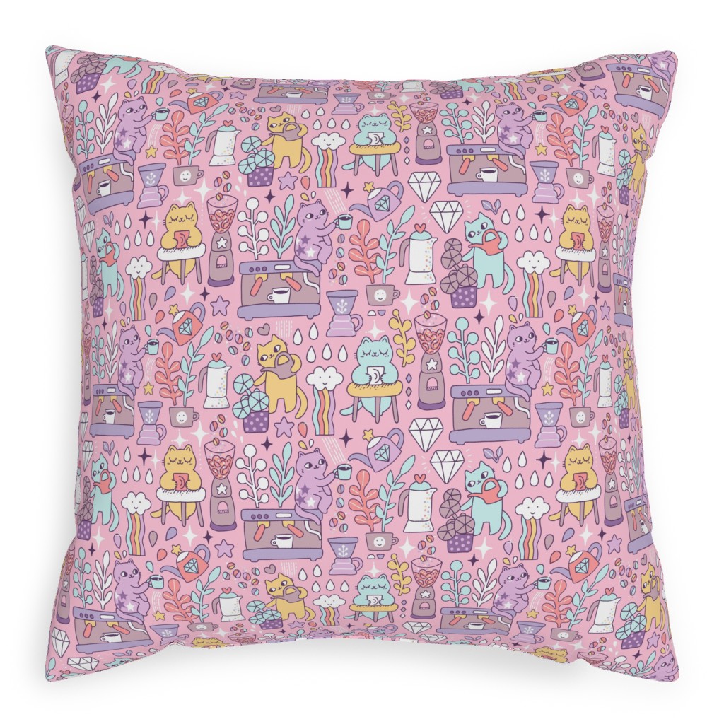 Cute Cats - Multicolor Pastel Pillow, Woven, Beige, 20x20, Single Sided, Pink