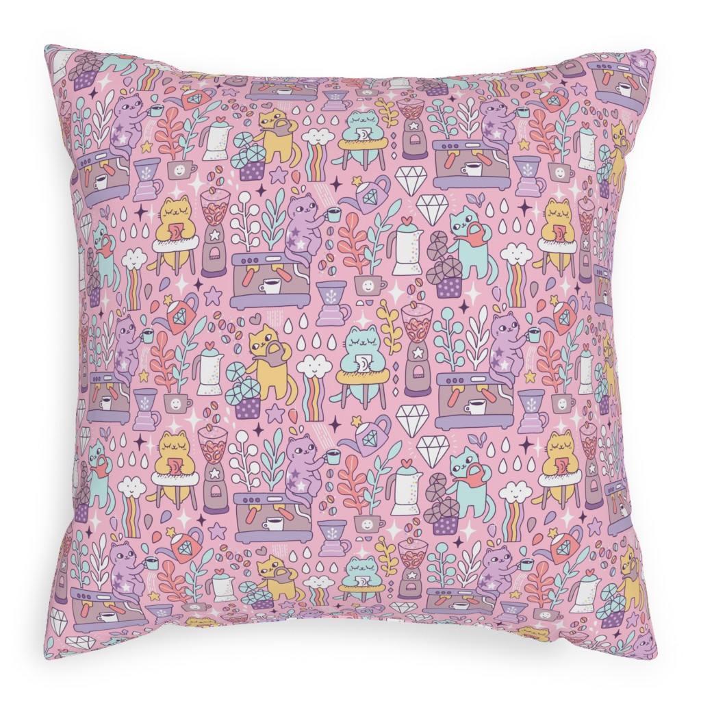 Cute Cats - Multicolor Pastel Pillow, Woven, Beige, 20x20, Single Sided, Pink, Bright Pink