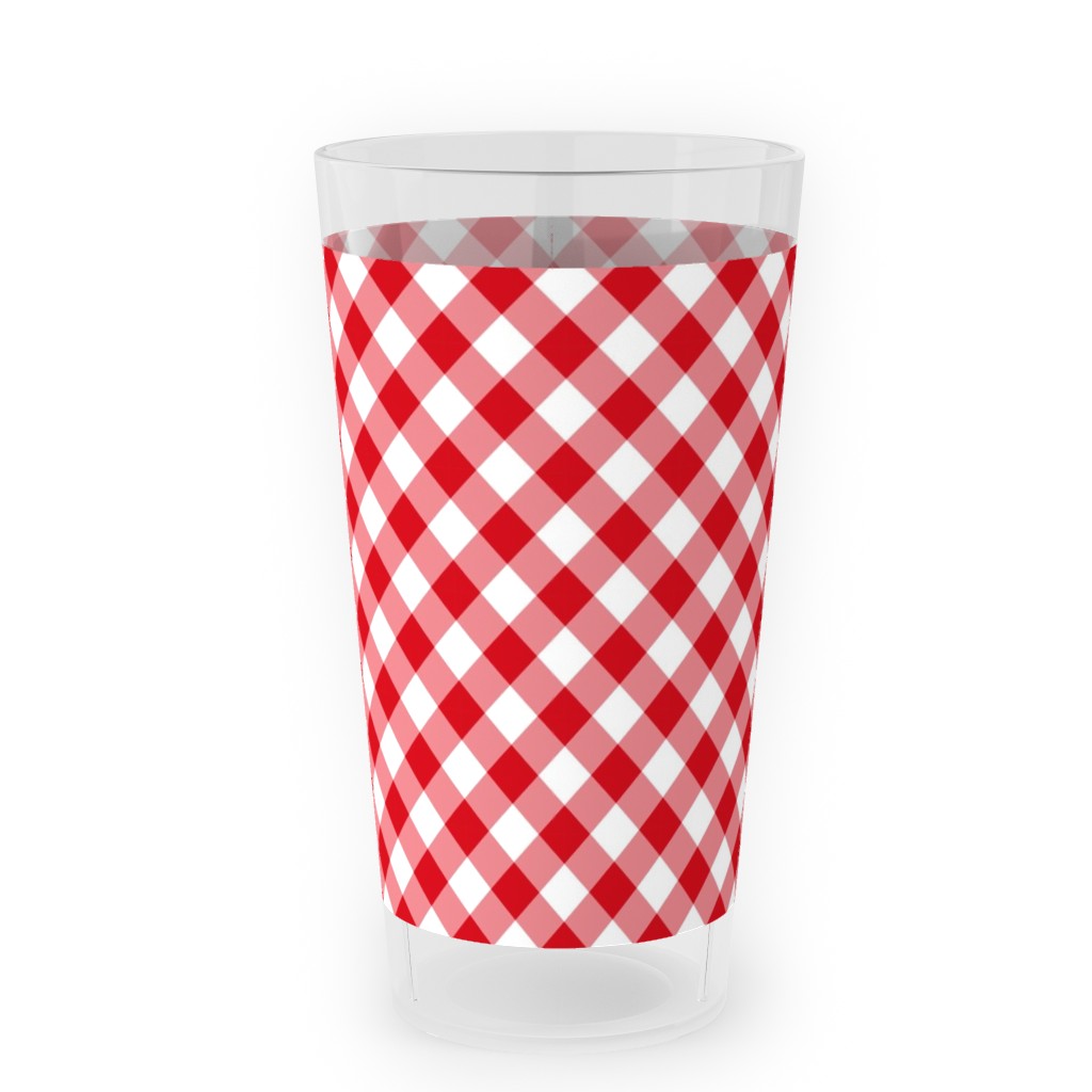 Diagonal Gingham - Red and White Outdoor Pint Glass, Red