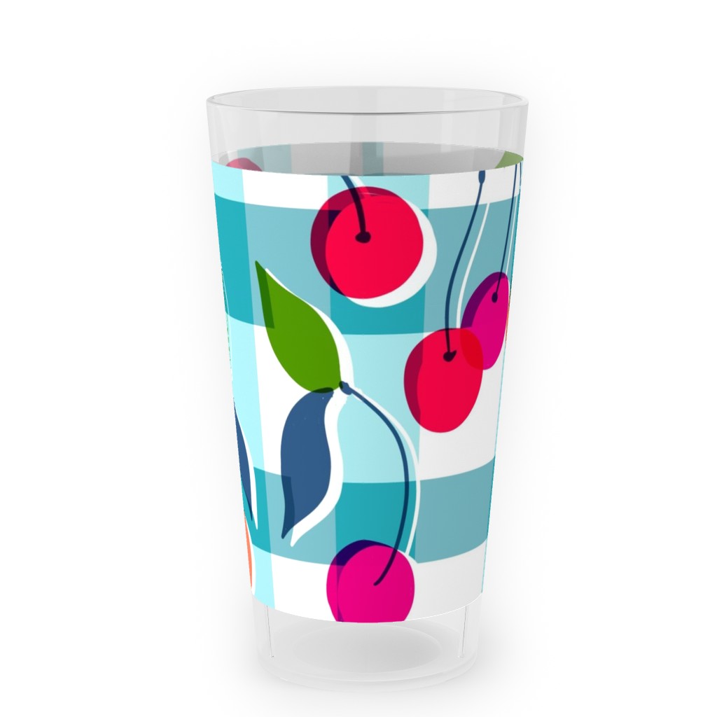 Cherry Gingham - Blue Outdoor Pint Glass, Blue