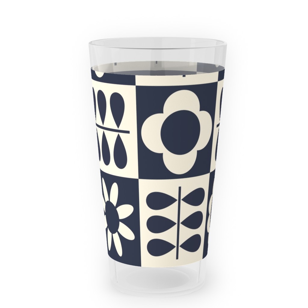 Scandinavian Checker Blooms - Off White and Navy Outdoor Pint Glass, Black