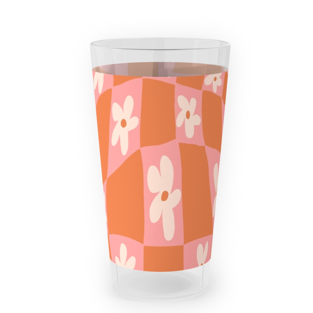 Trippy Chamomile - Floral - Orange and Pink Outdoor Pint Glass, Orange