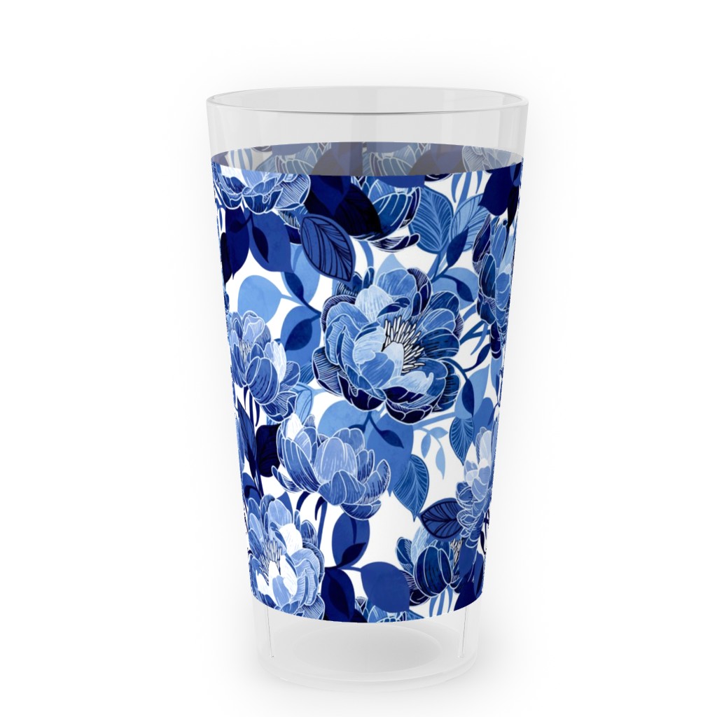Chintz Peonies - Blue Outdoor Pint Glass, Blue