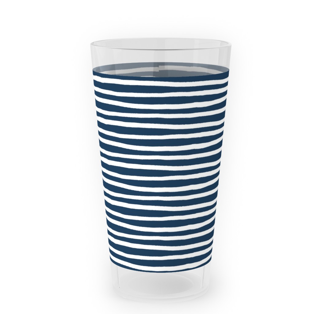 Navy Blue and White Stripes Outdoor Pint Glass, Blue