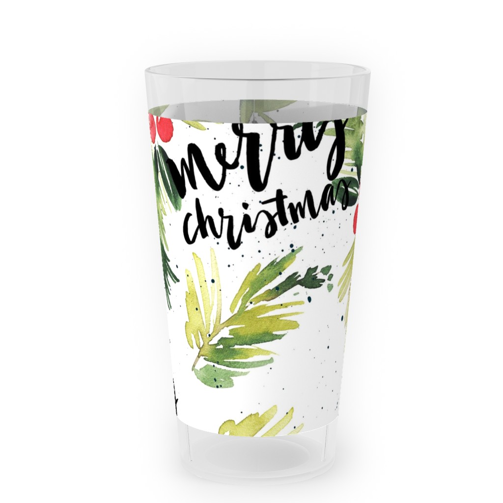 Merry Christmas Red Berry Holly Outdoor Pint Glass, White