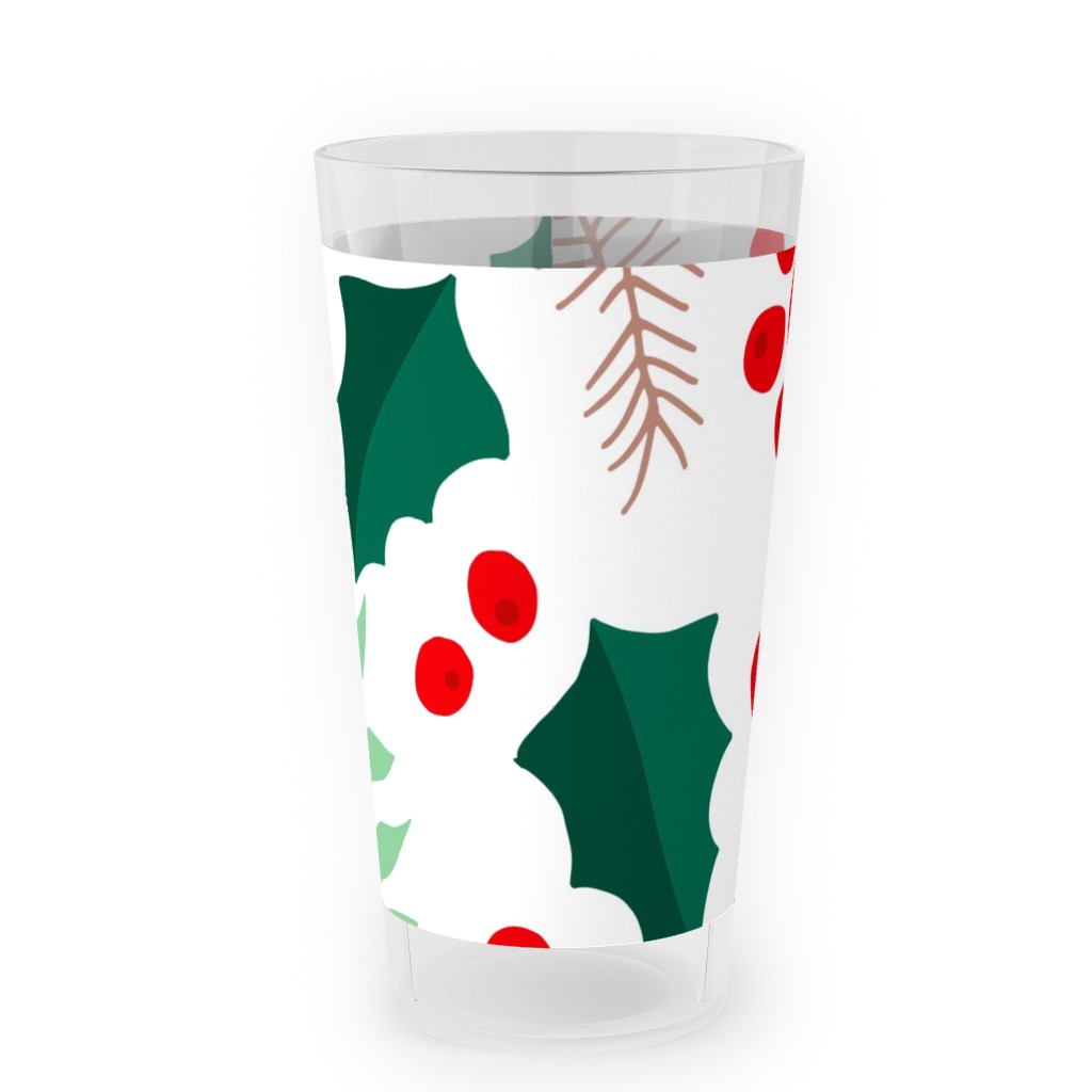 Botanical Christmas Garden Pine Leaves Holly Branch Berries - Green and Red Outdoor Pint Glass, Green