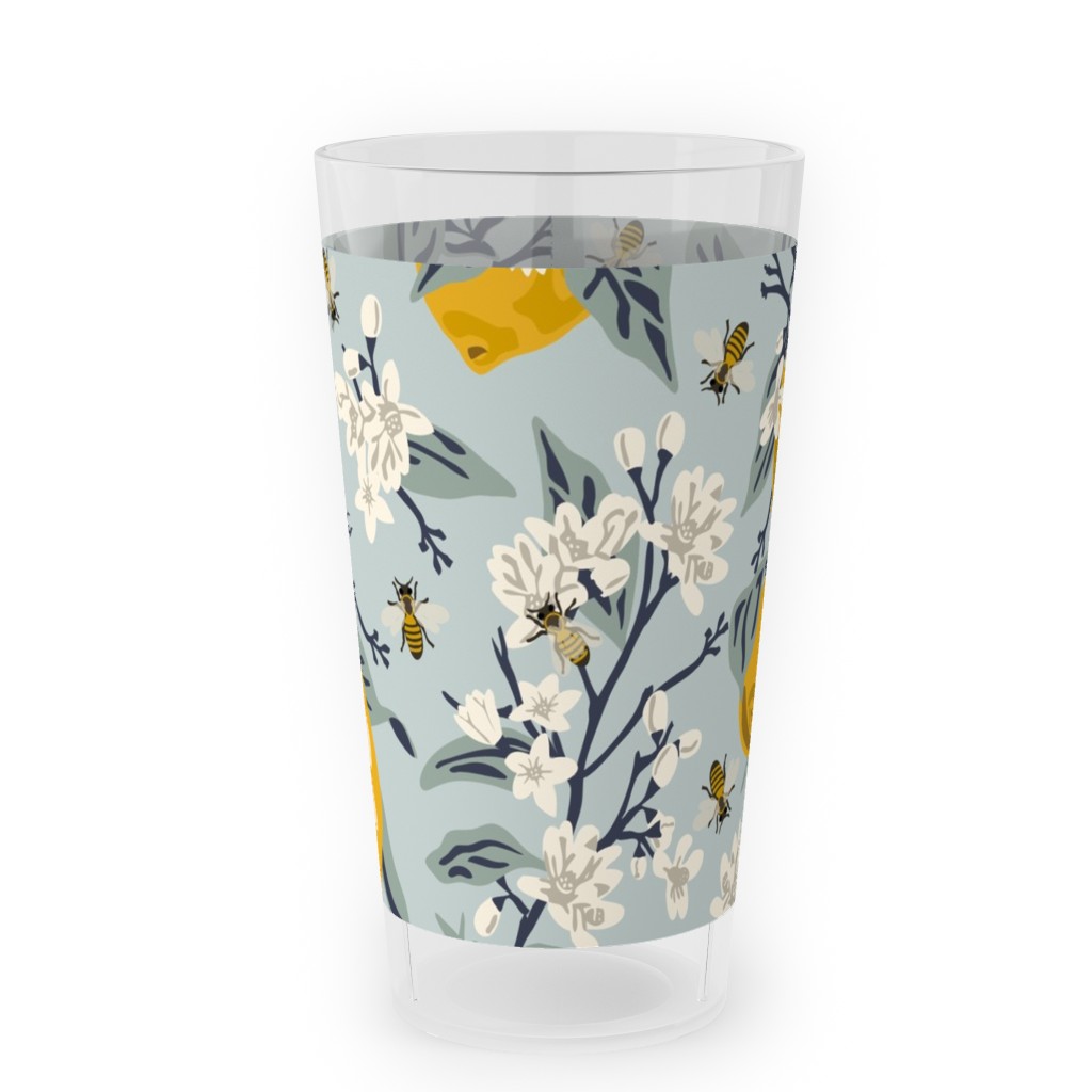 Bees, Blossoms & Lemons - Blue Outdoor Pint Glass, Blue