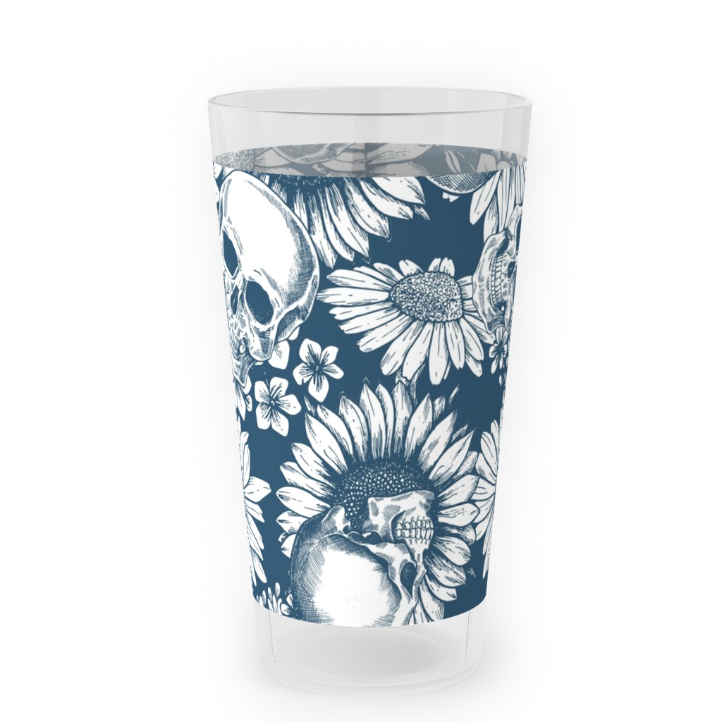 Floral Skull - Blue Outdoor Pint Glass, Blue