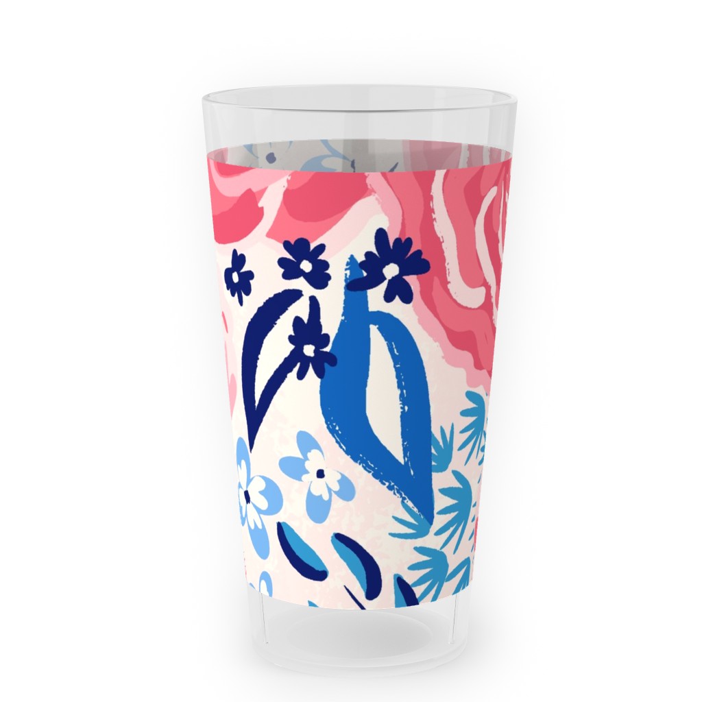 Chintz Roses - Coral and Blue Outdoor Pint Glass, Pink