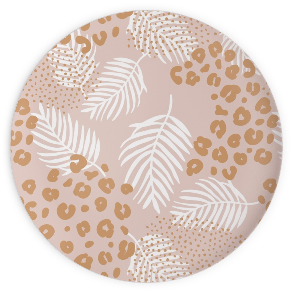 Palm Leaves and Animal Panther Spots - Beige Plates, 10x10, Pink