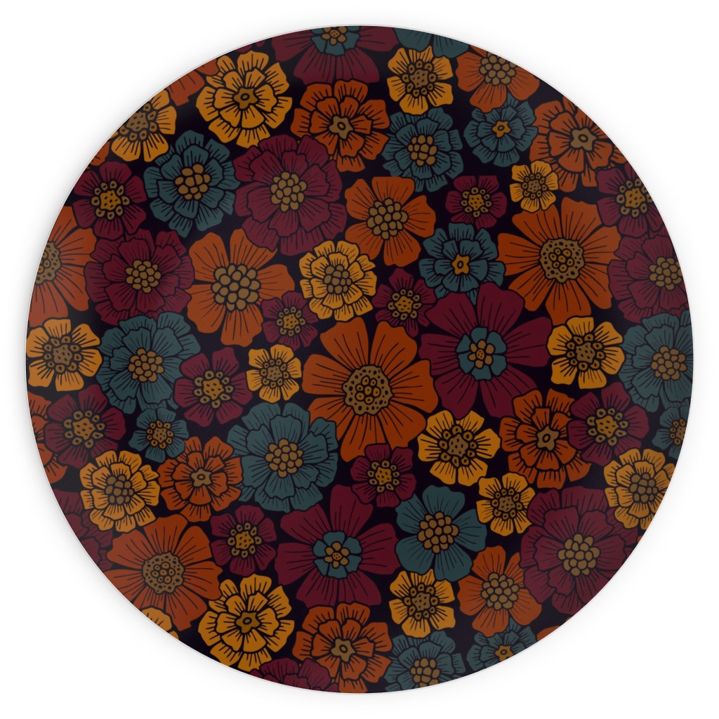 Burgundy, Rust, Mustard & Teal Floral Plates, 10x10, Red