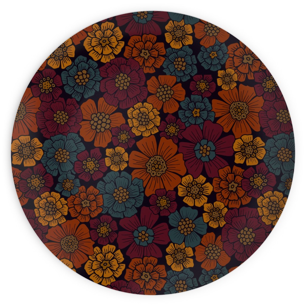 Burgundy, Rust, Mustard & Teal Floral Plates, 10x10, Red, Red
