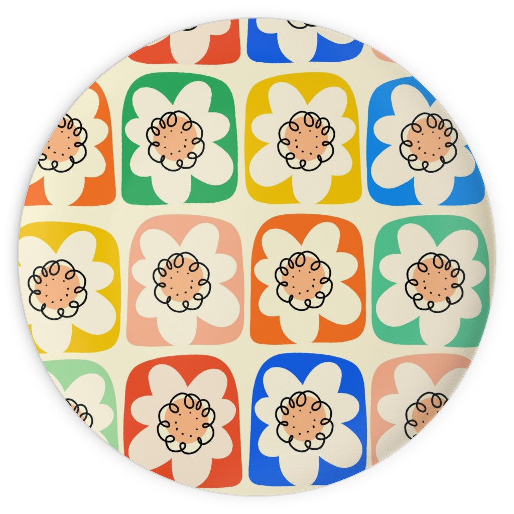 Retro Abstract Flower Squares Plates, 10x10, Multicolor