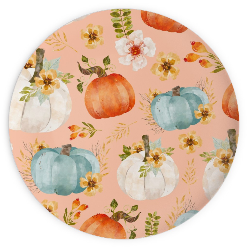 Rustic Farmhouse Pumpkins on Pale Peach Plates, 10x10, Orange