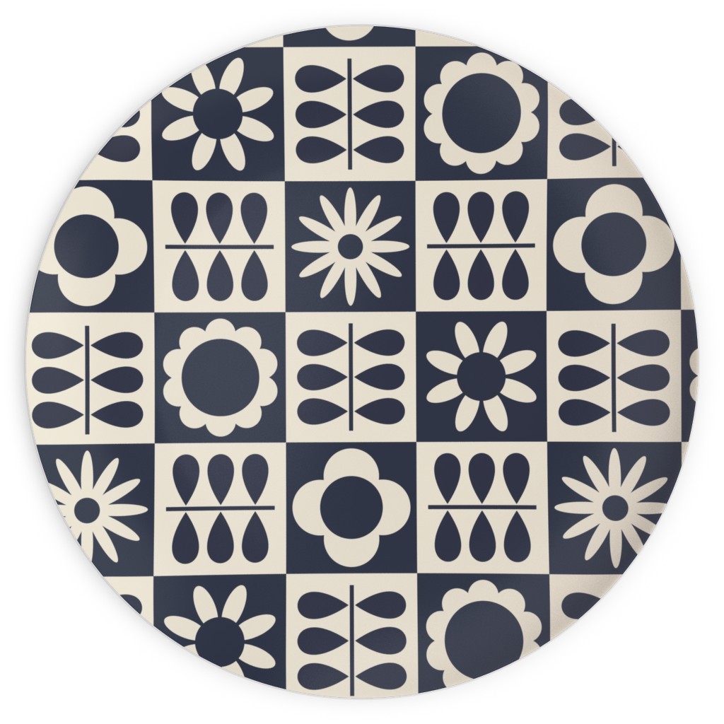 Scandinavian Checker Blooms - Off White and Navy Plates, 10x10, Black