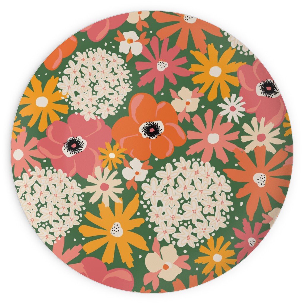 Summer Florals - Green Pink White and Orange Plates, 10x10, Multicolor