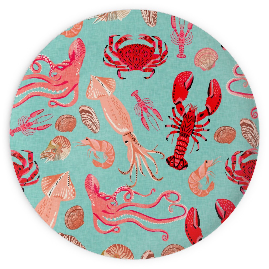 Ocean Creatures - Red on Green Plates, 10x10, Red