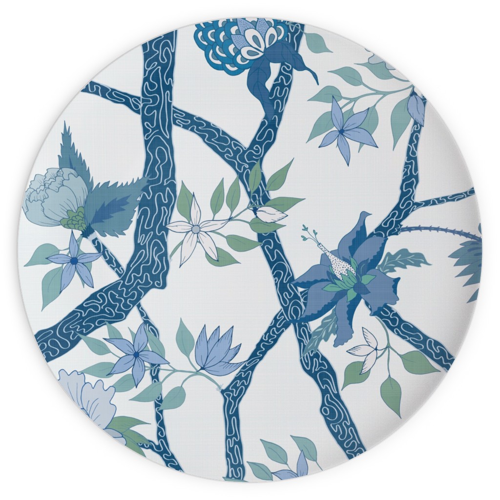 Peony Branch Mural - Blue and Green Plates, 10x10, Blue