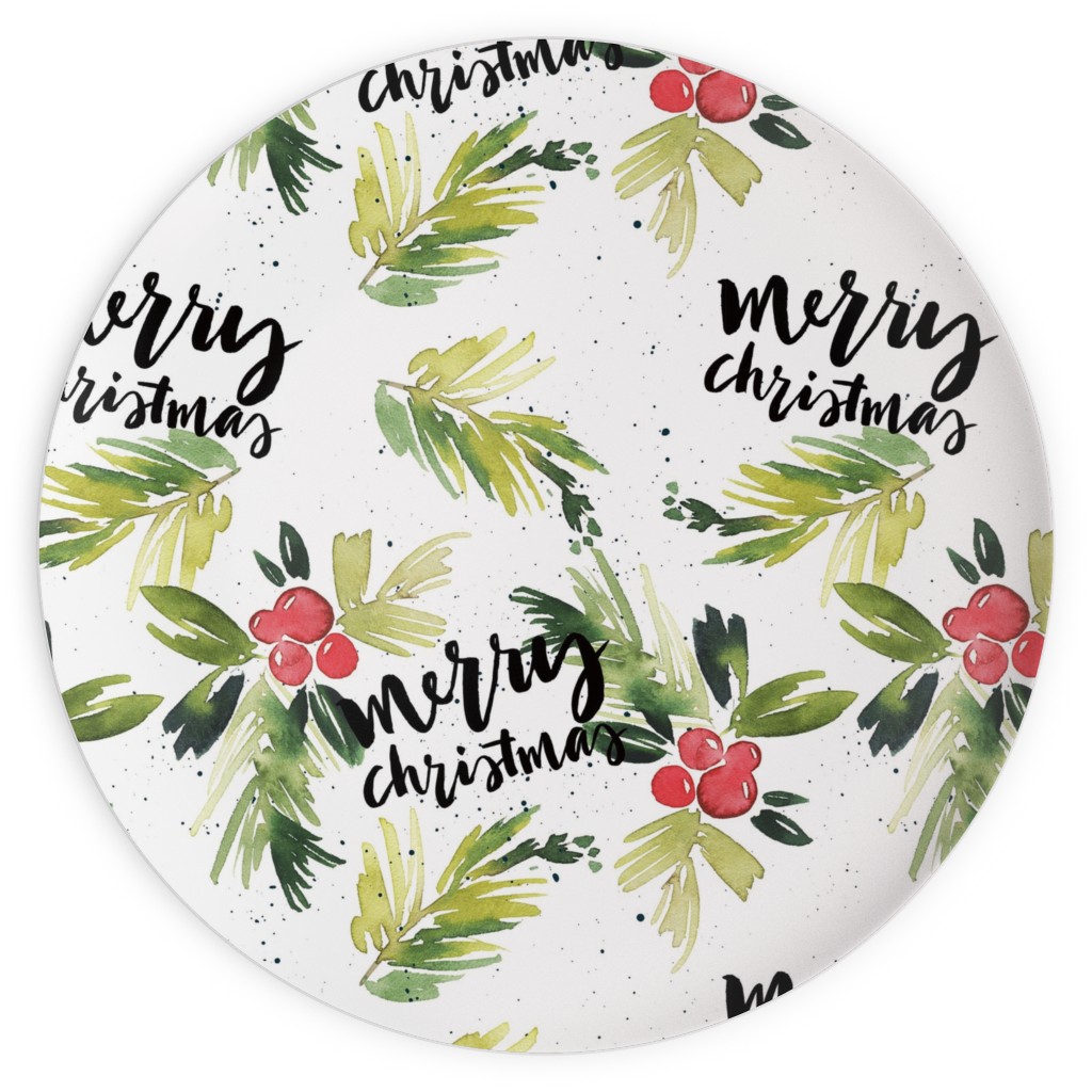Merry Christmas Red Berry Holly Plates, 10x10, White
