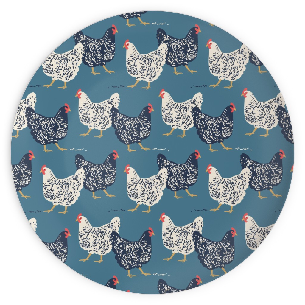 Farmhouse Chickens - Blue Plates, 10x10, Blue