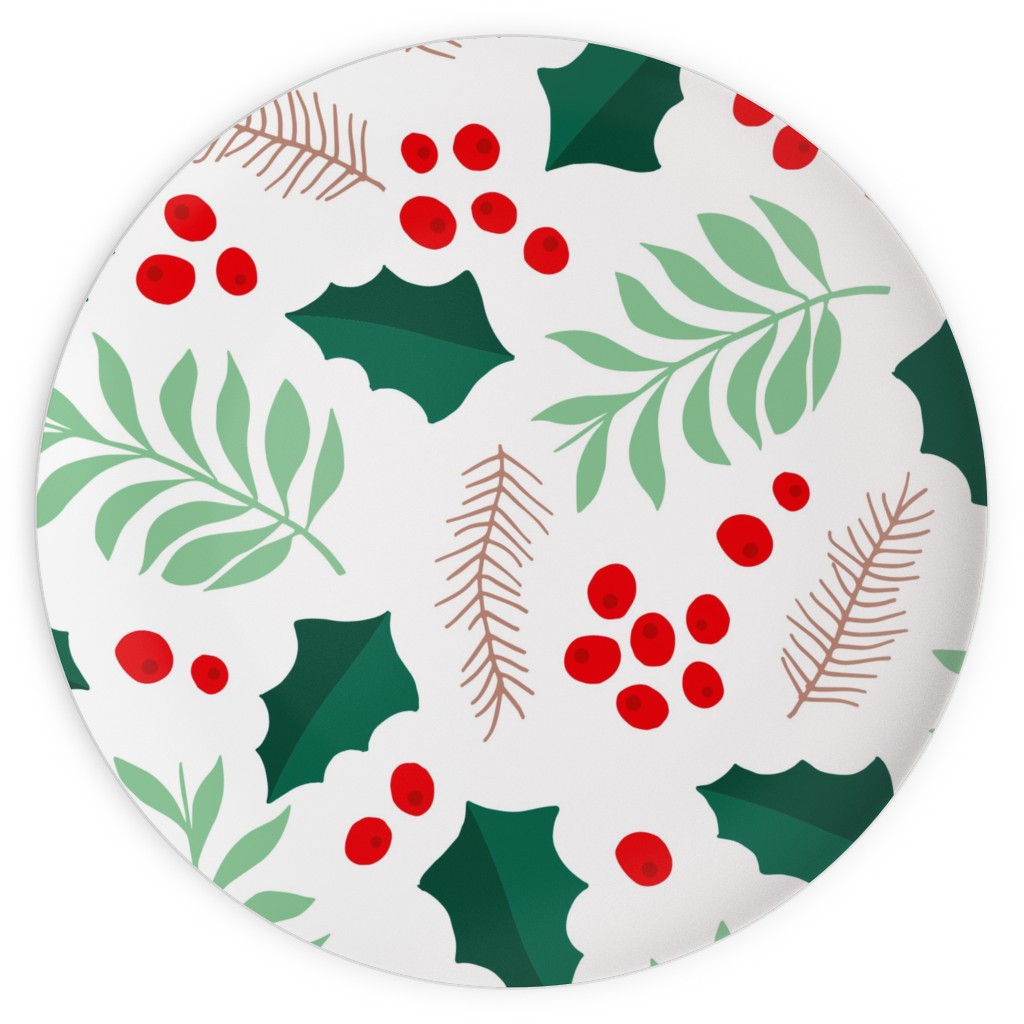 Botanical Christmas Garden Pine Leaves Holly Branch Berries - Green and Red Plates, 10x10, Green