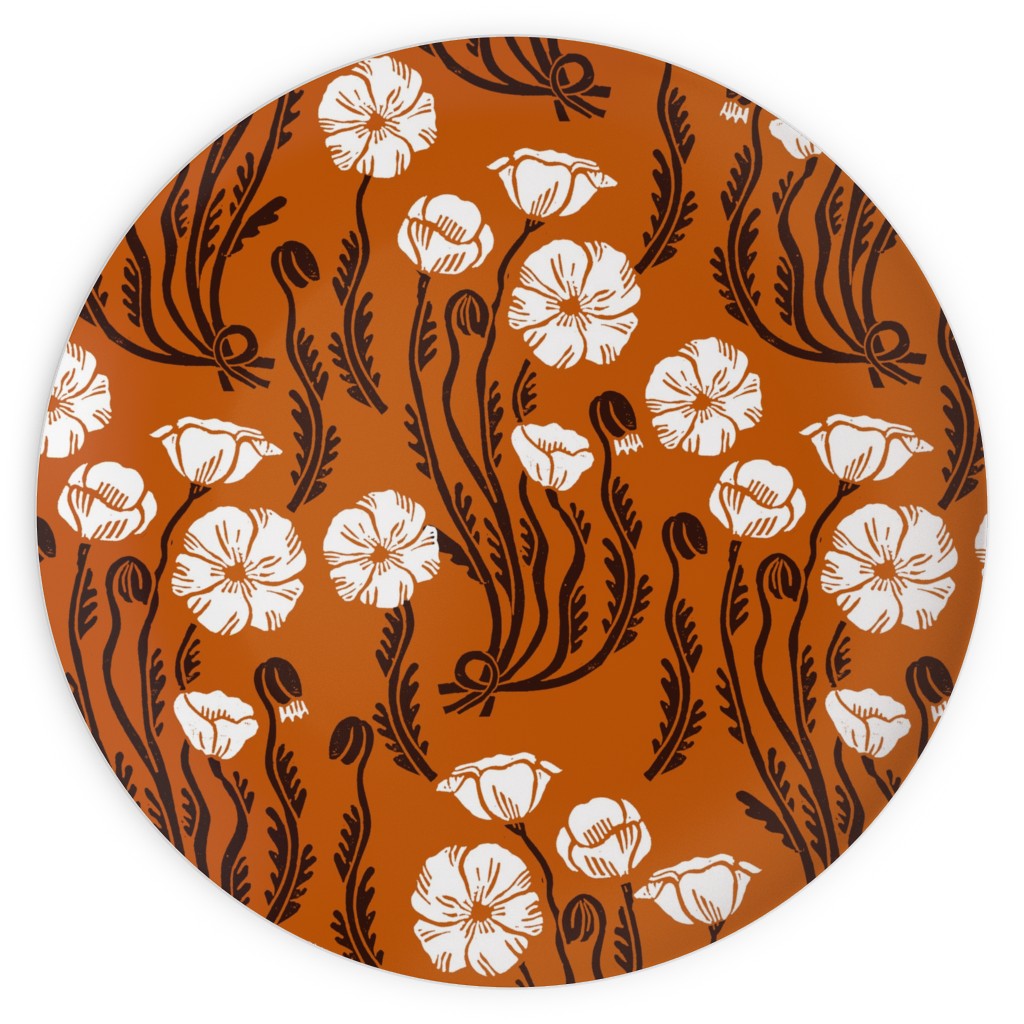 Poppy, Fall Harvest Block Printed Vintage Florals Plates, 10x10, Orange