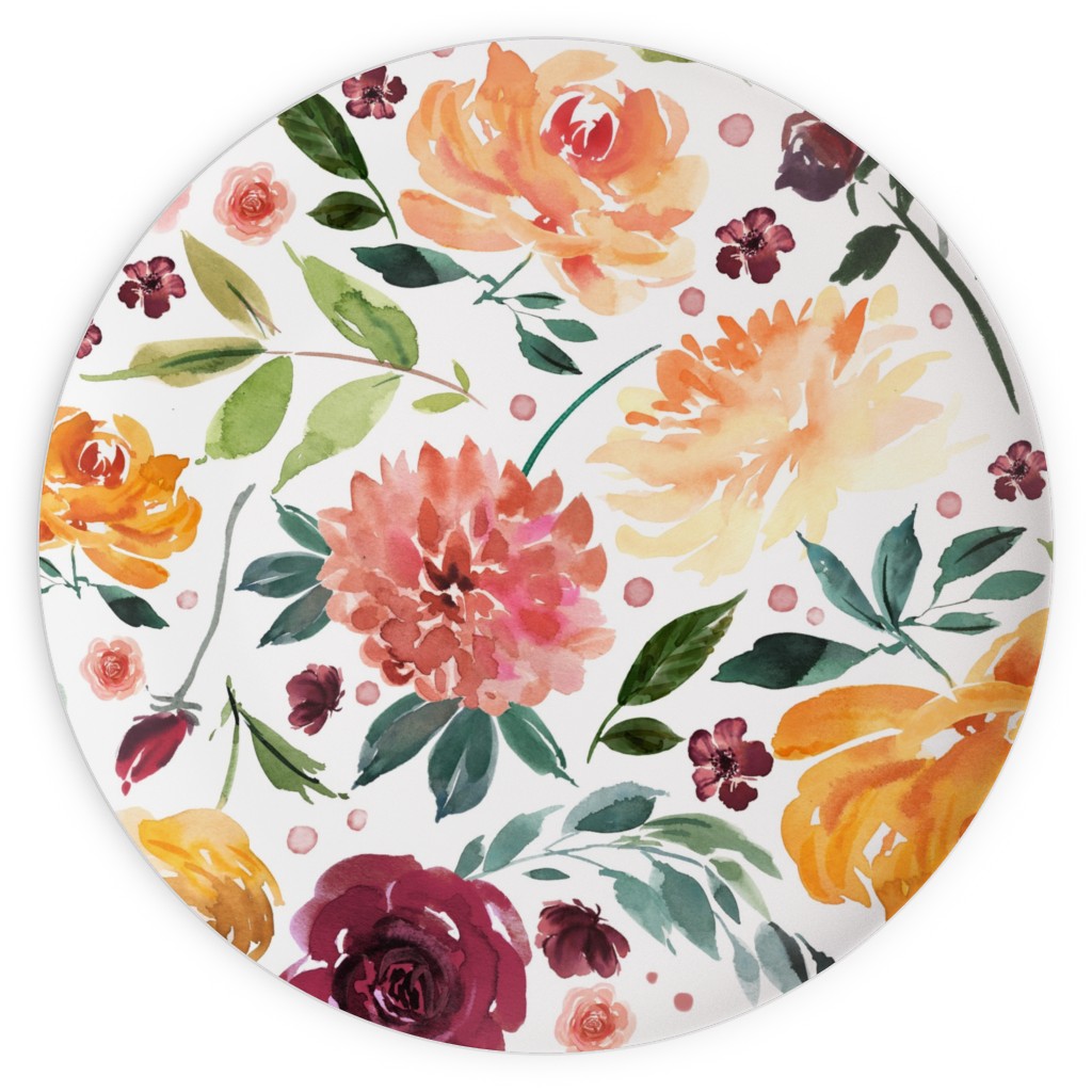 Orange Burgandy Floral Plates, 10x10, Multicolor