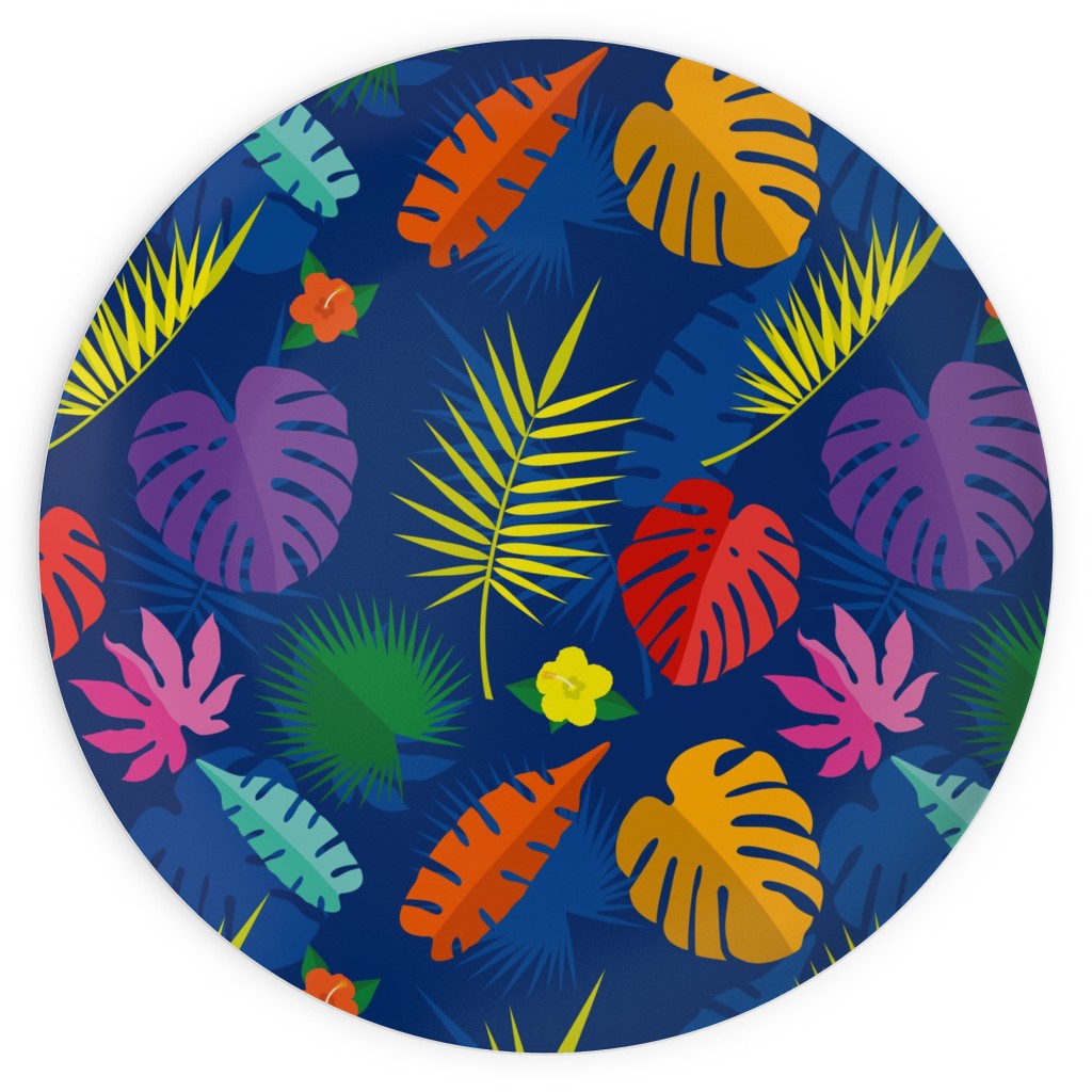 Tropical Leaves - Multi on Blue Plates, 10x10, Multicolor