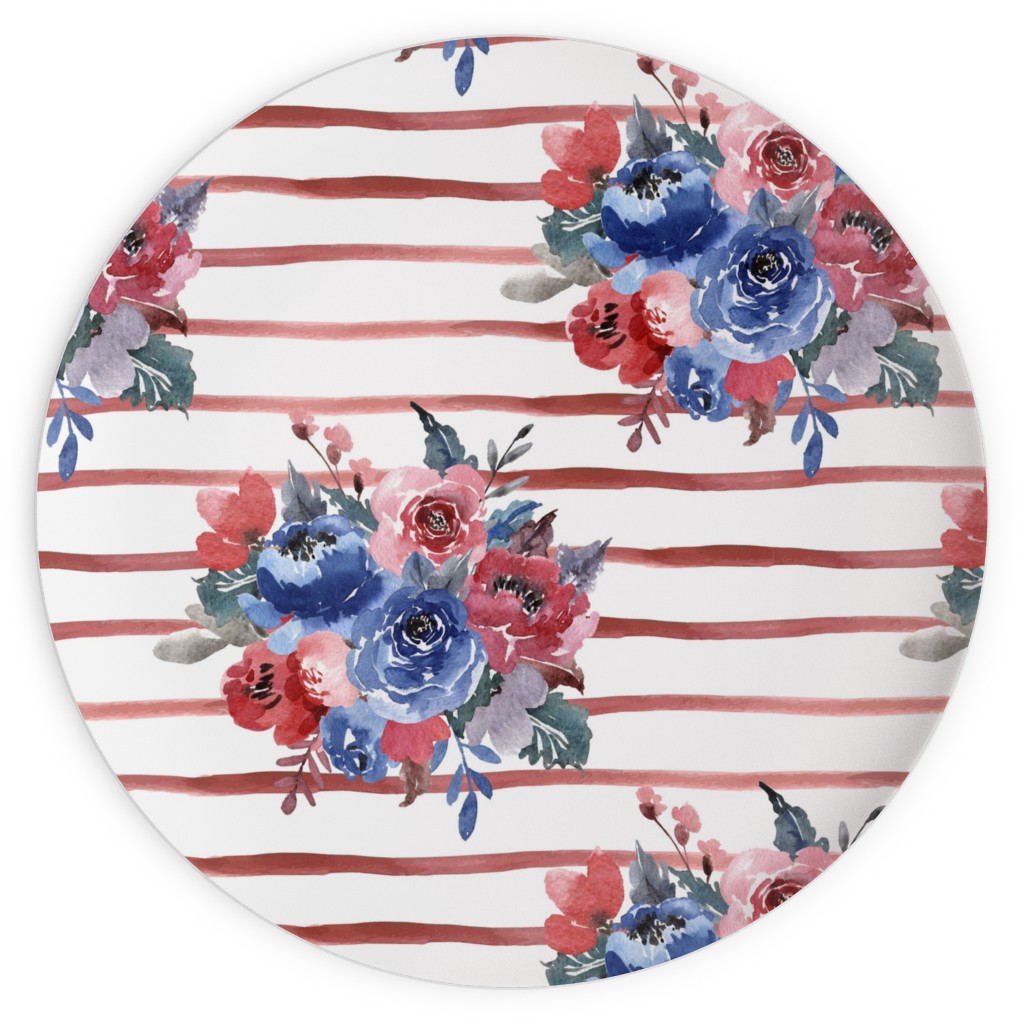 Freedom Florals With Red Stripes - Multi Plates, 10x10, Red