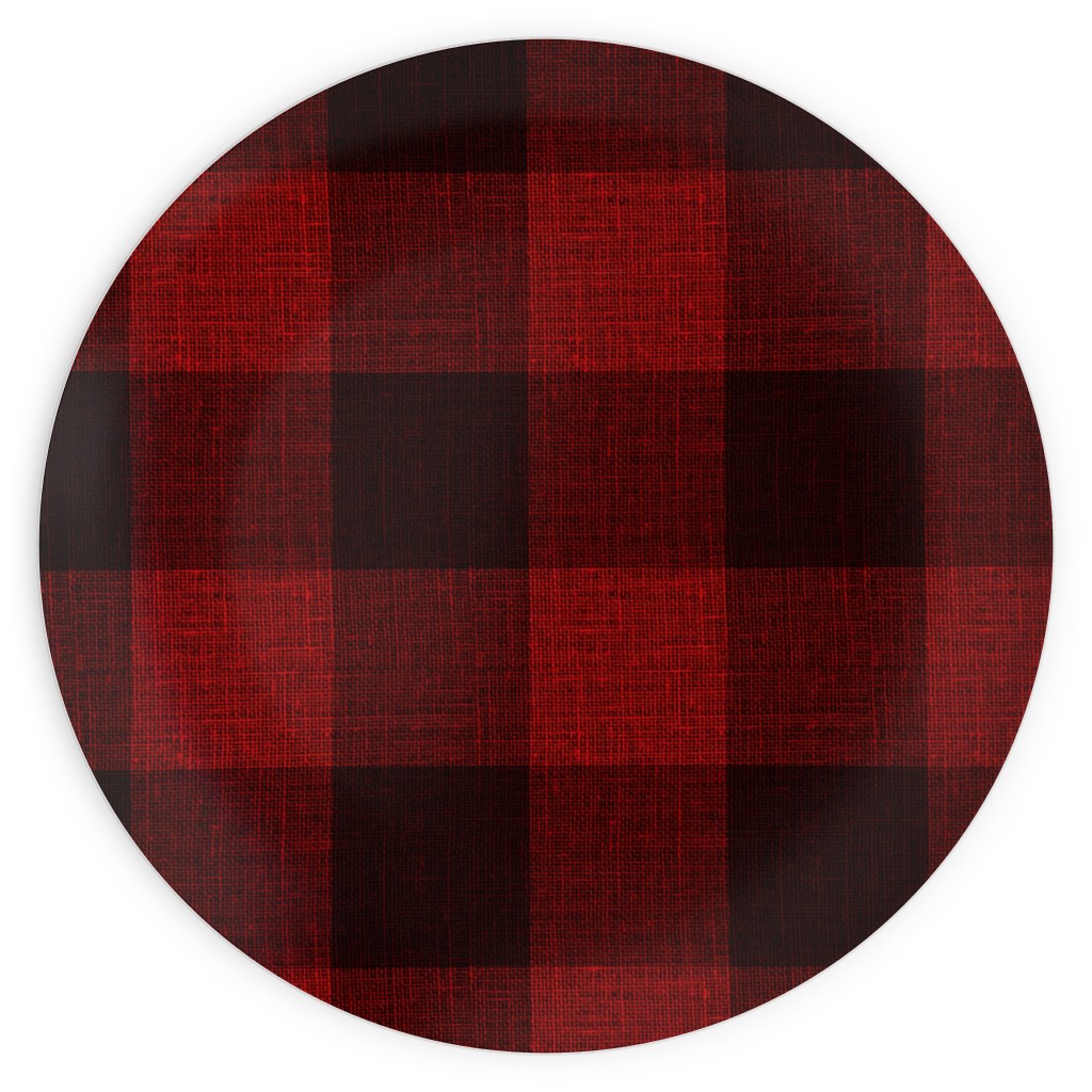 Linen Look Gingham Lumberjack - Red, Black Plates, 10x10, Red