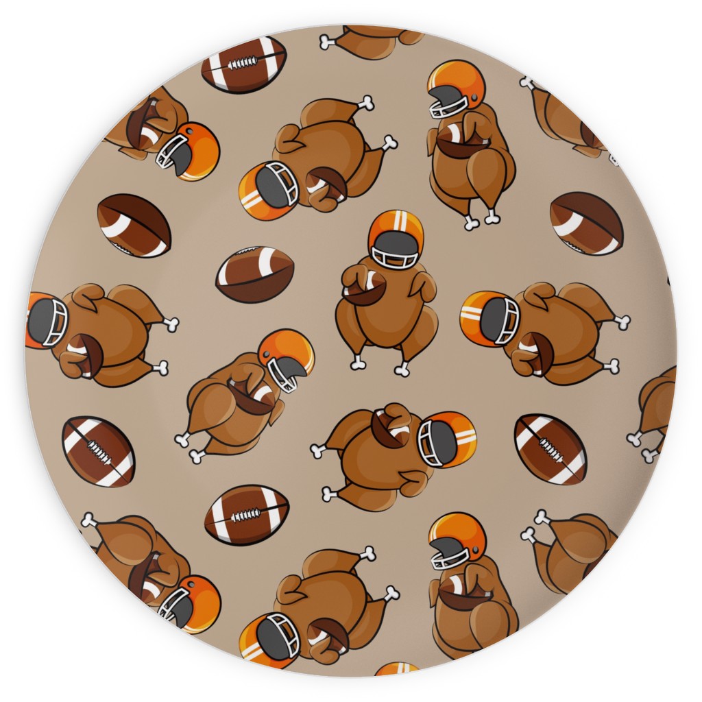 Football Turkey With Helmet and Football - Orange on Tan Plates, 10x10, Beige, Pearl
