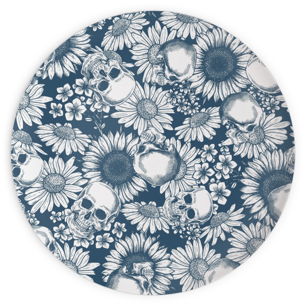 Floral Skull - Blue Plates, 10x10, Blue