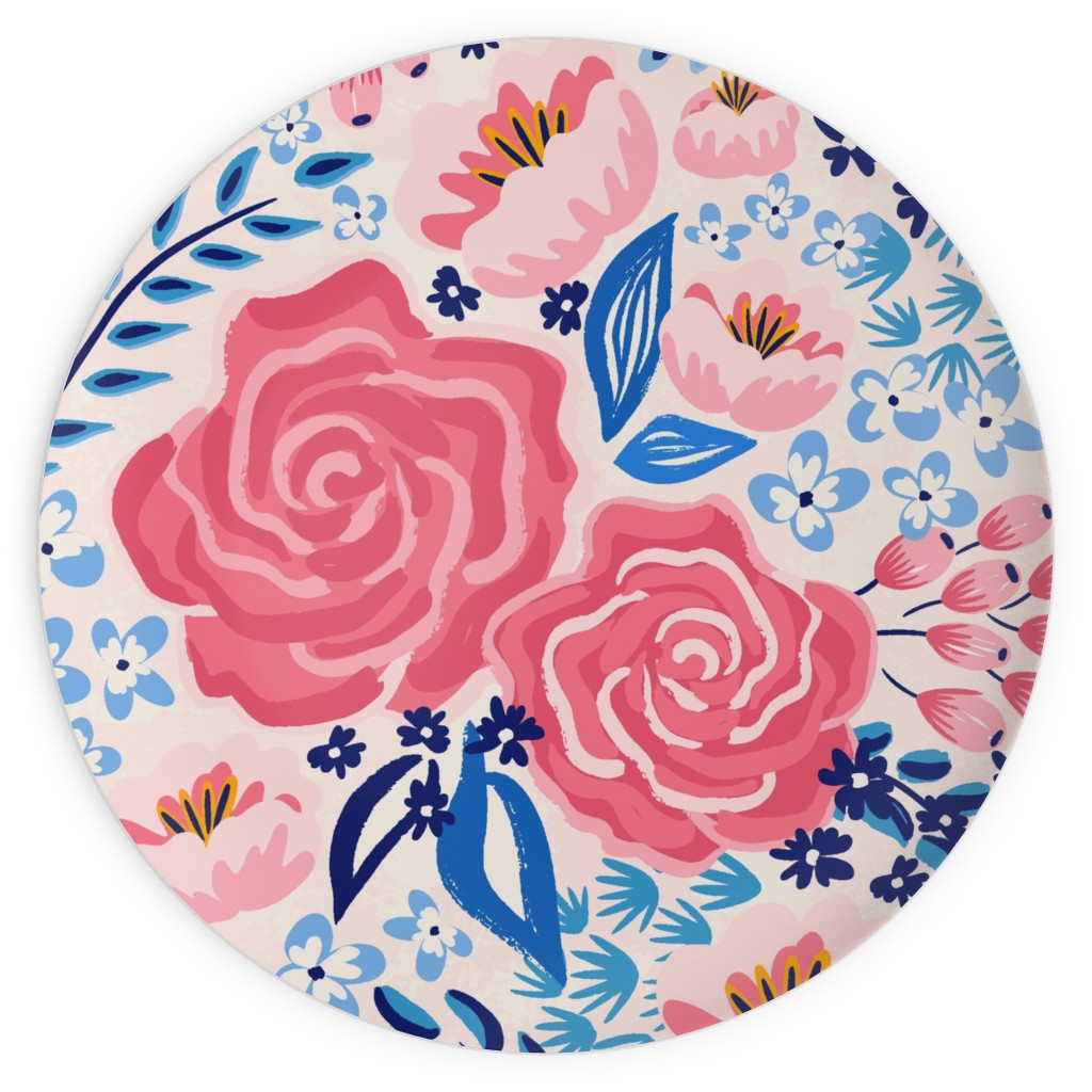 Chintz Roses - Coral and Blue Plates, 10x10, Pink