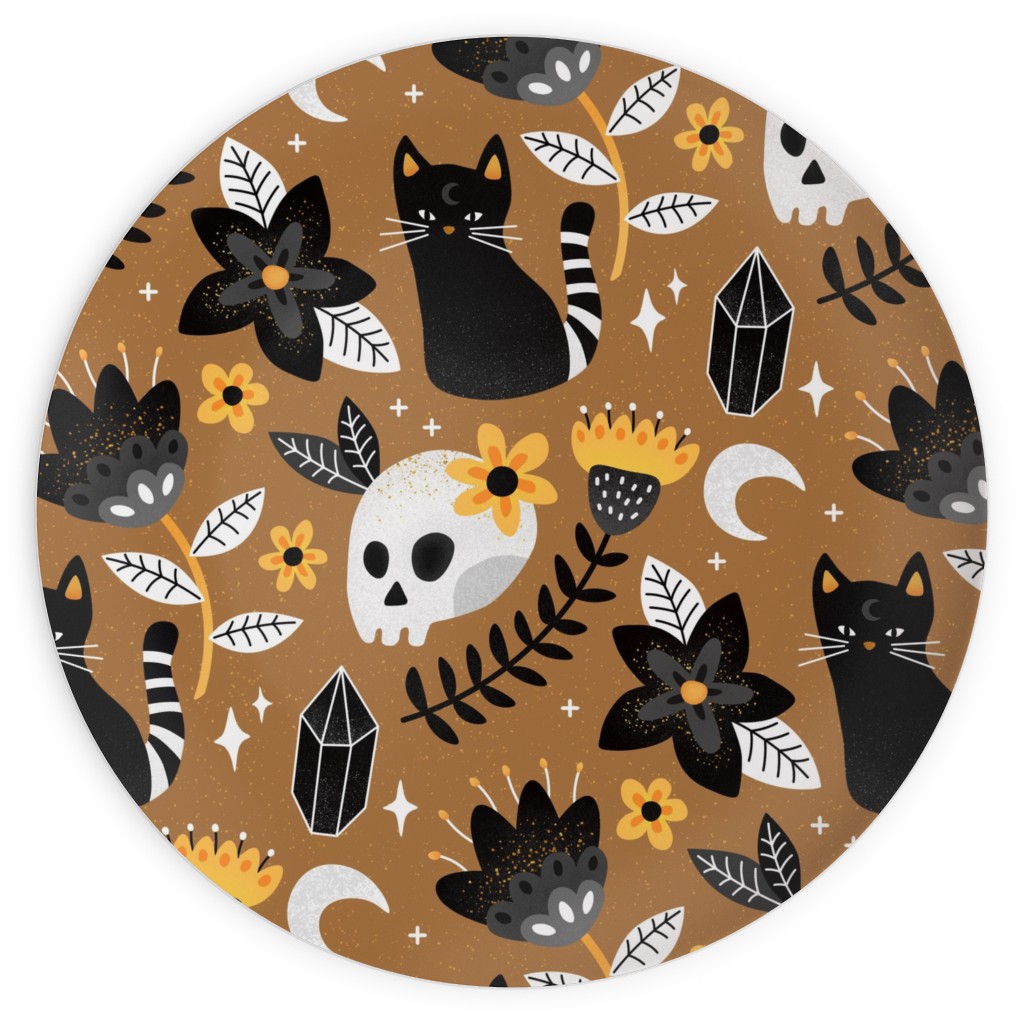 Black Cat & Floral Skull Plates, 10x10, Brown