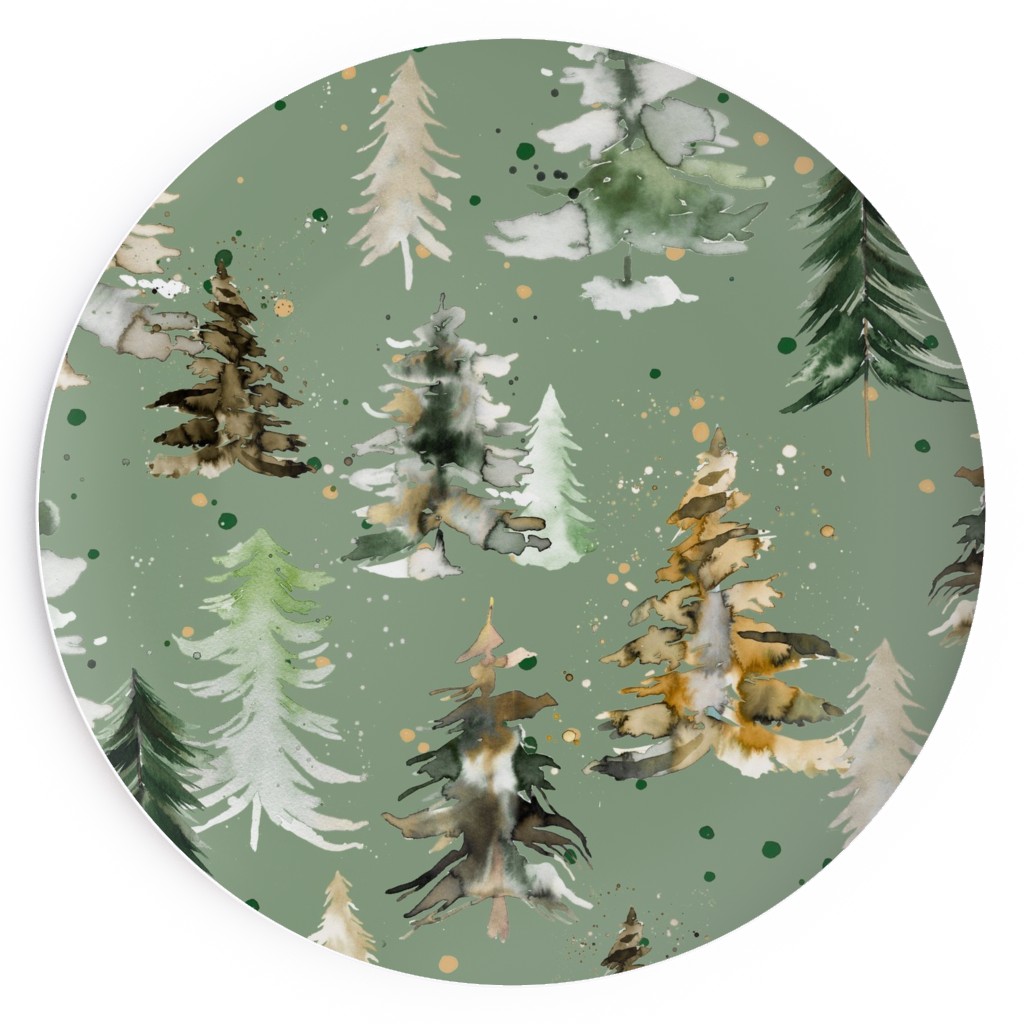 Watercolor Pines and Spruces Christmas - Green Salad Plate, Green
