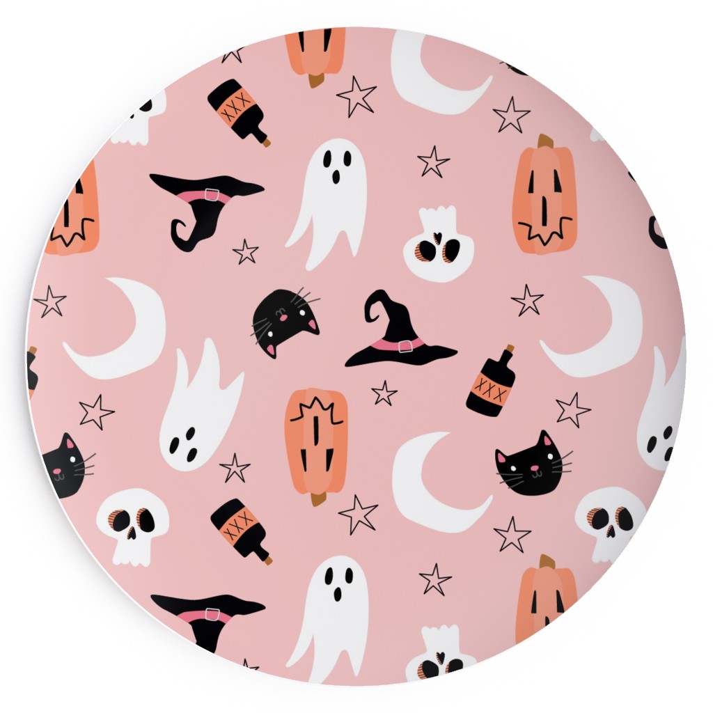 Sweet Halloween Pumpkin, Witch, Ghost, Cat Salad Plate, Pink