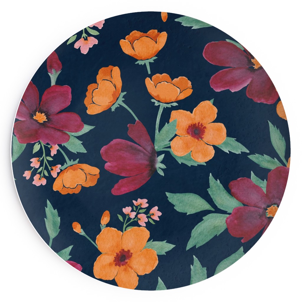 Watercolor Autumn Florals - Navy Salad Plate, Multicolor