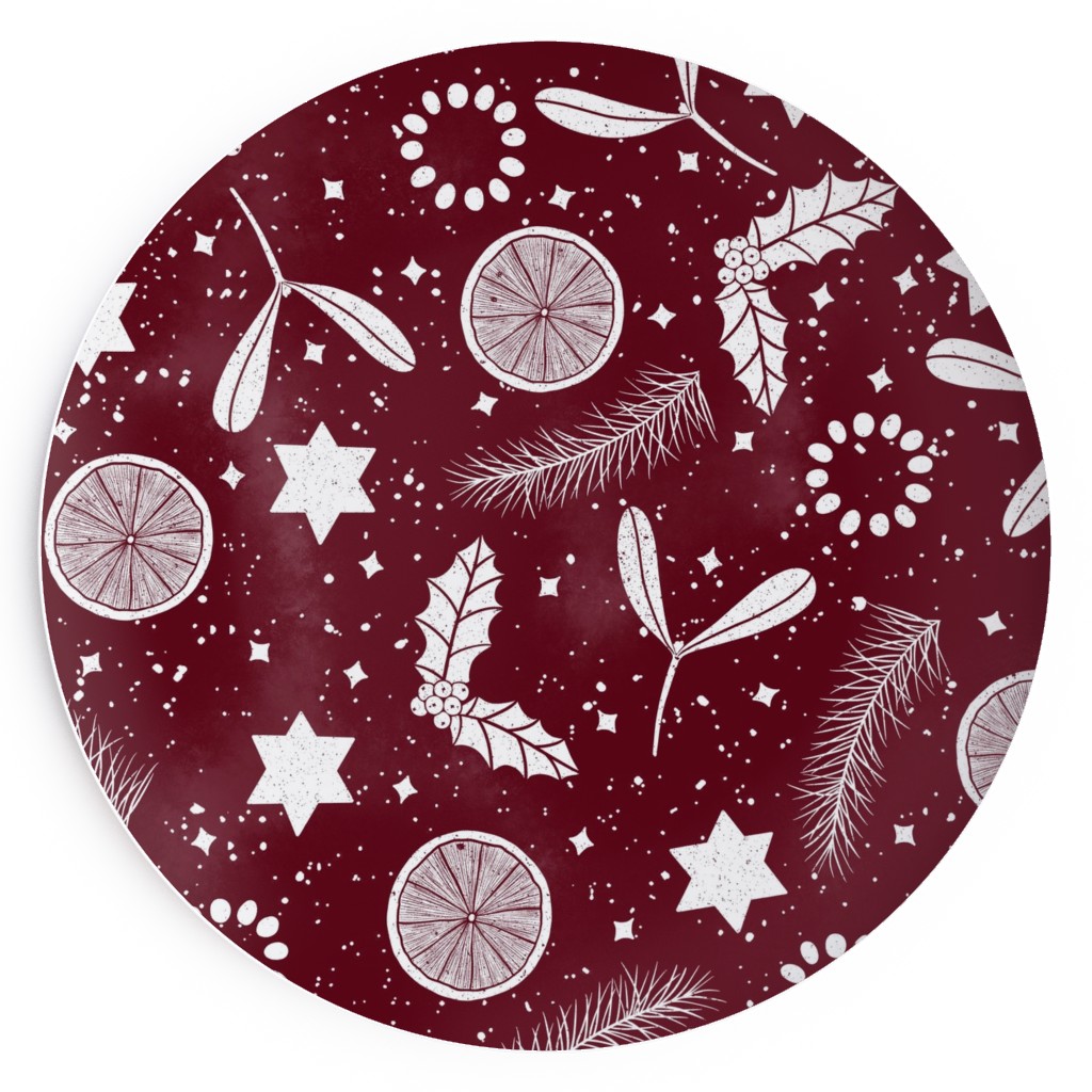 Festive Christmas Print Stars, Mistletoe, Orange, Holly and Pine Branch on Burgundy Salad Plate, Red