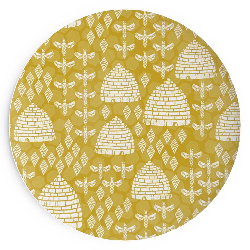 Bee Hives, Spring Florals Linocut Block Printed - Golden Yellow Salad Plate, Yellow