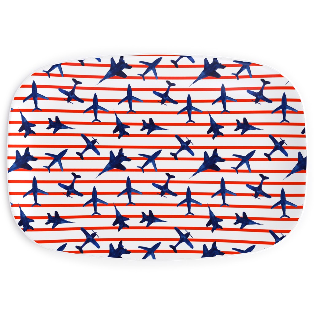 Patriotic Airplanes Watercolor - Blue With Red Stripes Serving Platter, Blue, True Blue