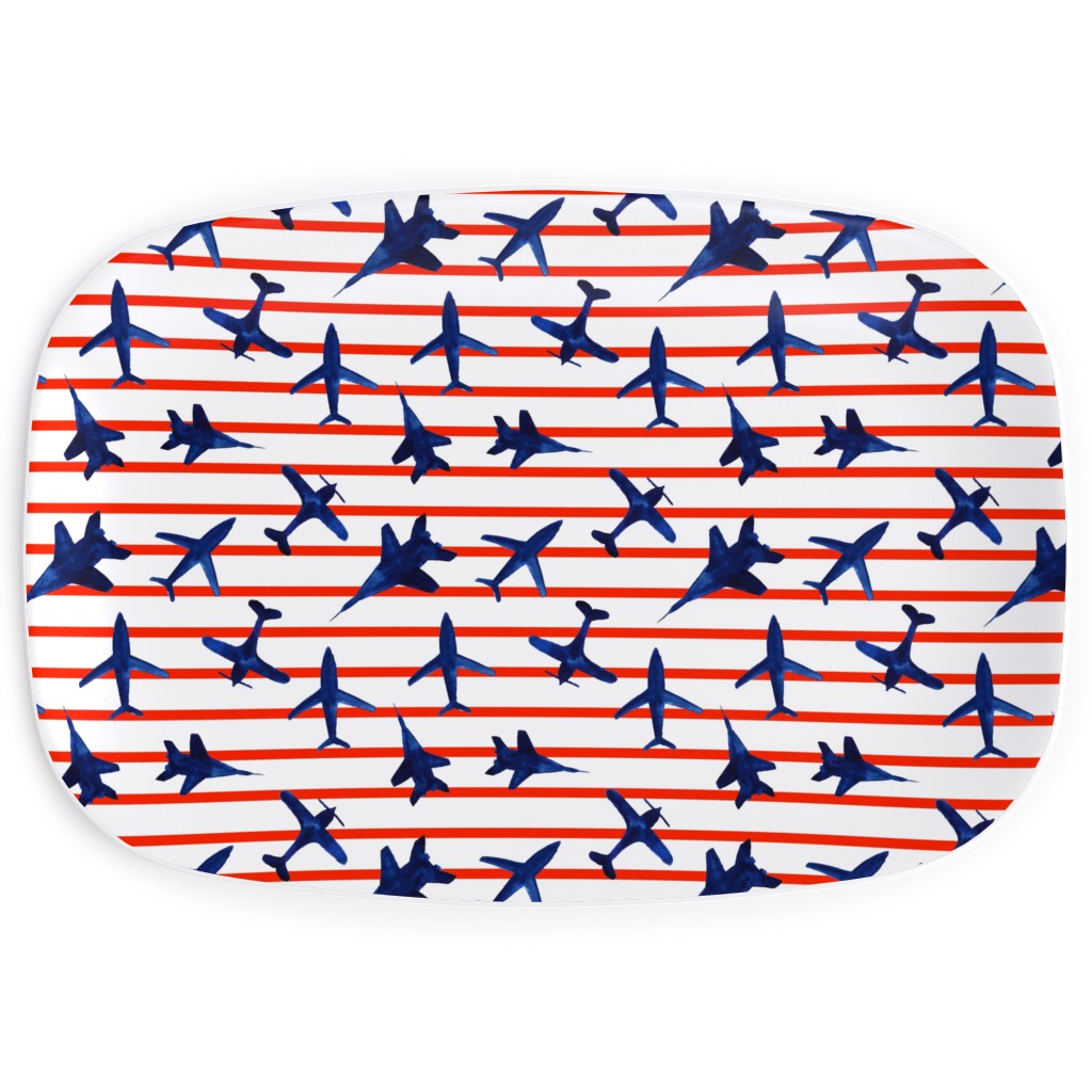 Patriotic Airplanes Watercolor - Blue With Red Stripes Serving Platter, Blue