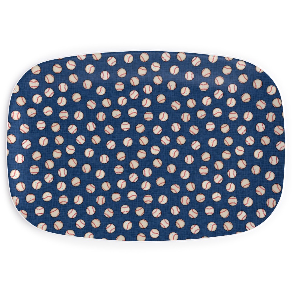 Baseball Balls on Blue Linen Serving Platter, Blue, True Blue