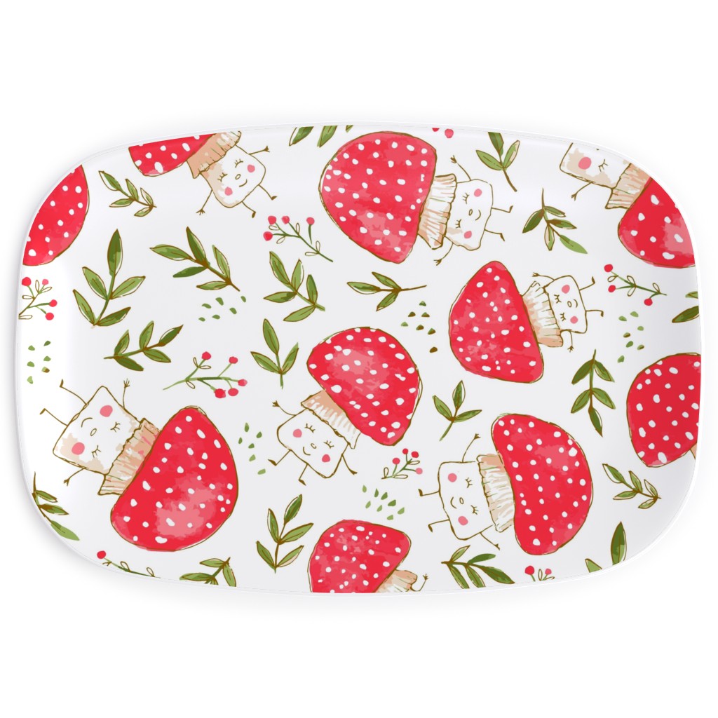 the Happiest Little Mushrooms - Red Serving Platter, Red