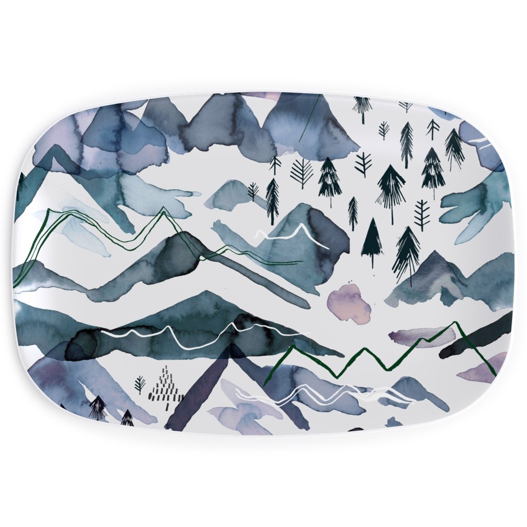 Watercolor Mountains Landscape - Blue Serving Platter, Blue, True Blue