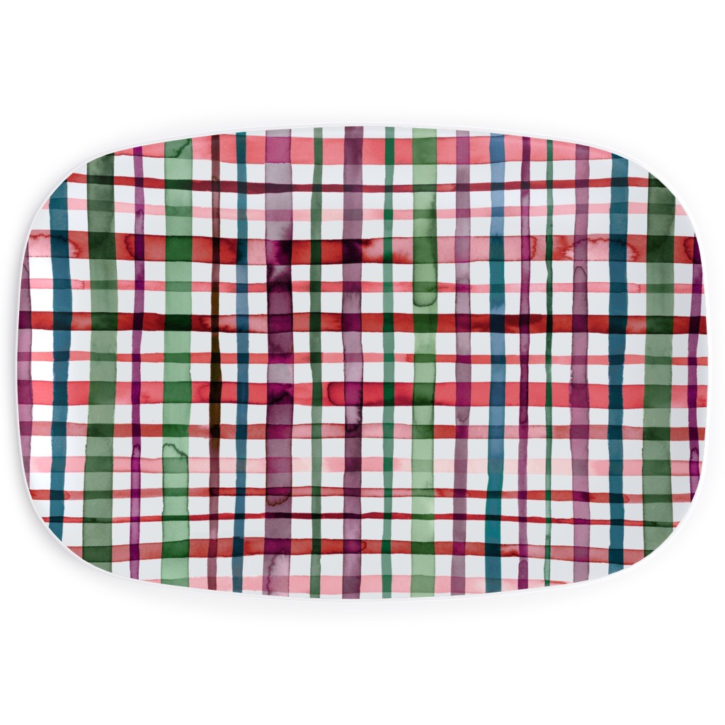 Watercolor Gingham - Red and Green Serving Platter, Multicolor
