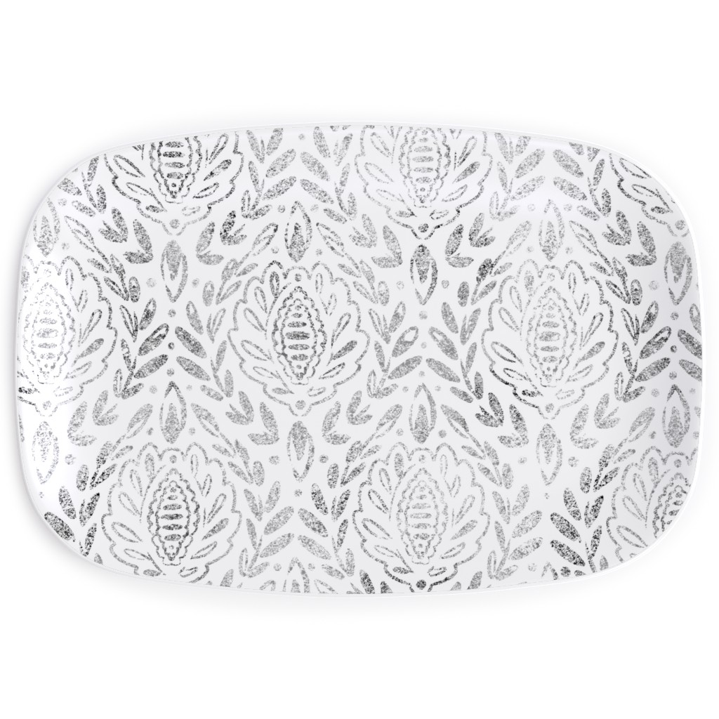Distressed Damask Leaves - Grey Serving Platter, Gray, Gray