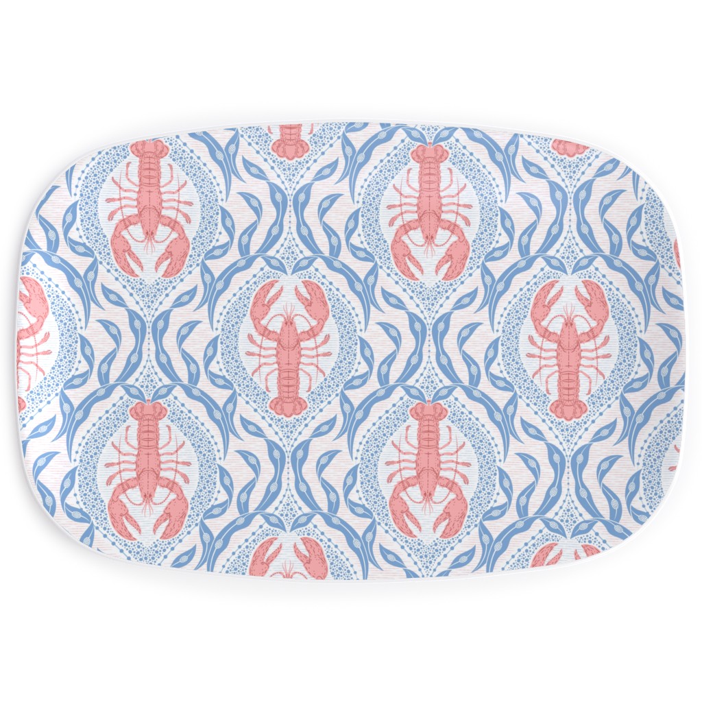 Lobster and Seaweed Nautical Damask - White, Coral Pink and Cornflower Blue Serving Platter, Blue, True Blue