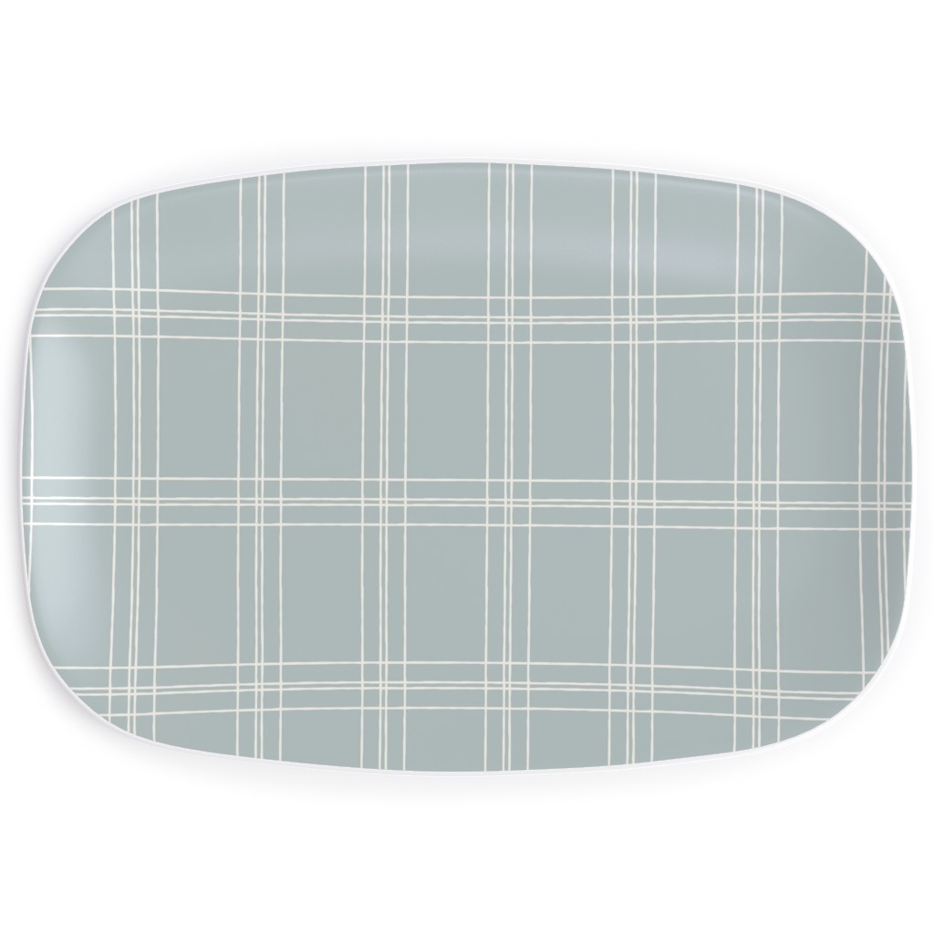 Lined Linens - Quad Plaid - Ivory, Blue Serving Platter, Blue