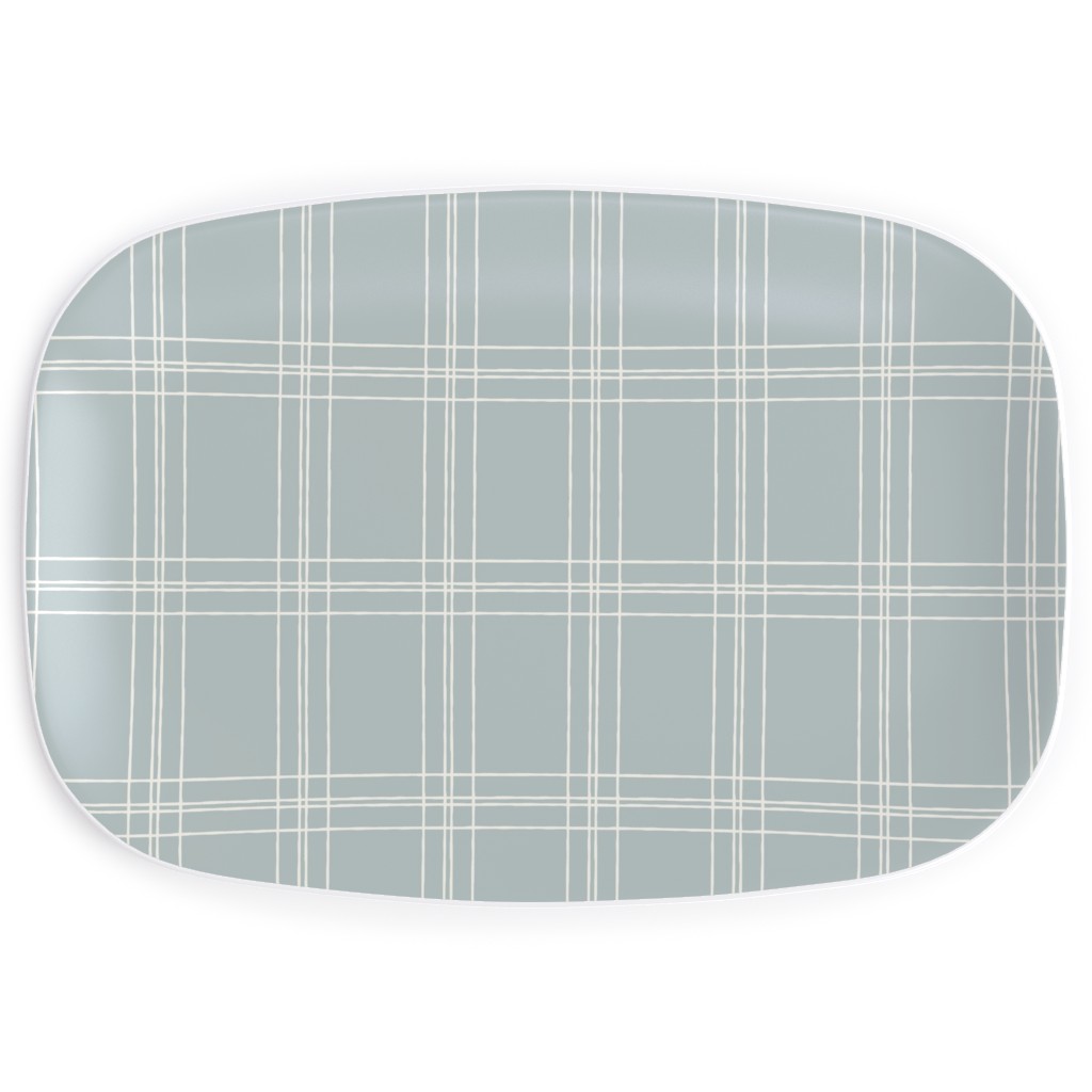 Lined Linens - Quad Plaid - Ivory, Blue Serving Platter, Blue, True Blue